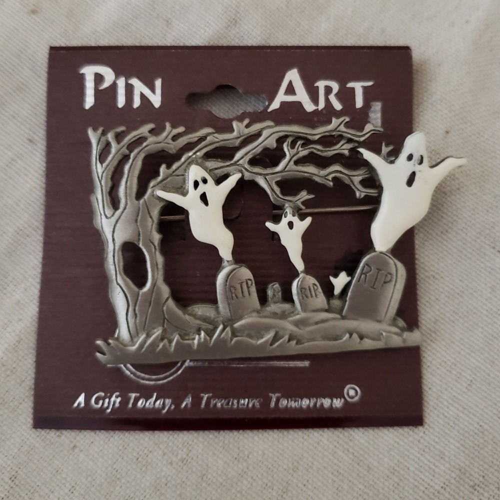 VTG Spoontiques JJ Jonette Jones Ghosts In The Graveyard Pin Brooch Halloween